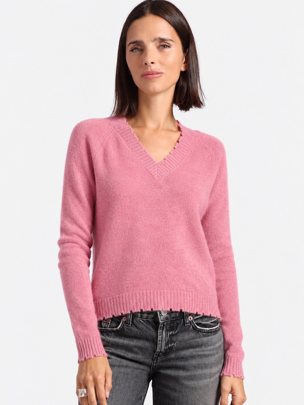 Minnie Rose Cashmere Frayed Edge Cropped V-Neck Sweater Pink XS